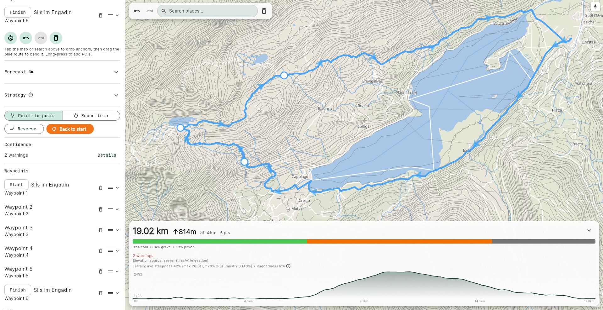 TrailSplits trail route planner interface showing a topographic map and elevation profile