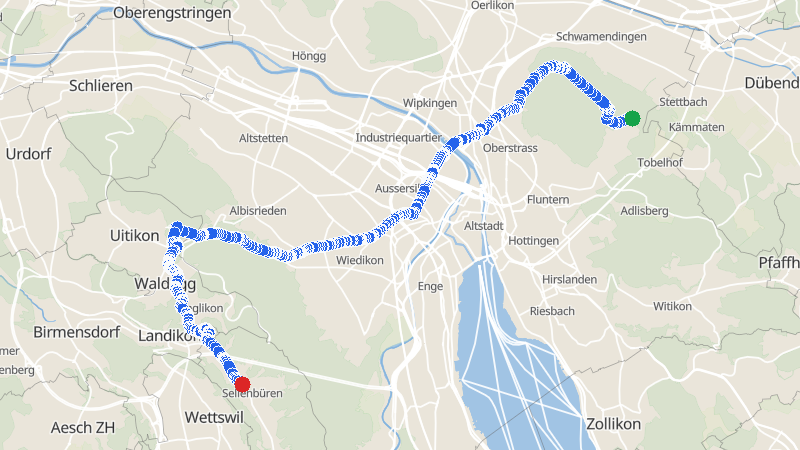 Map preview for Tobelhof to Sellenbüren