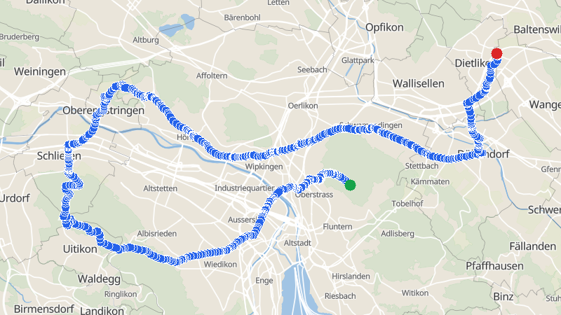 Map preview for Zürichberg to Brüttisellen