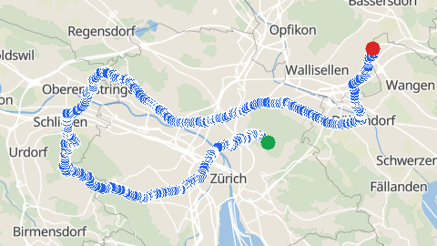 Map preview for Zürichberg to Brüttisellen